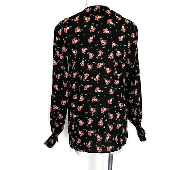 𝅺VINTAGE cottage tiny floral ruffle lace blouse top SMALL Long Sleeve black - Picture 7 of 9